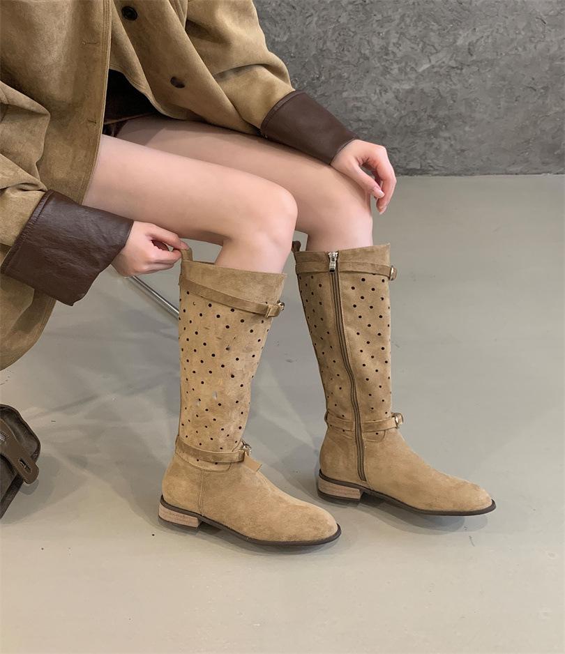 Inner heightening belt buckle hollow toe cool boots women's outer wear 2025 new retro casual open-toe sleeve boots