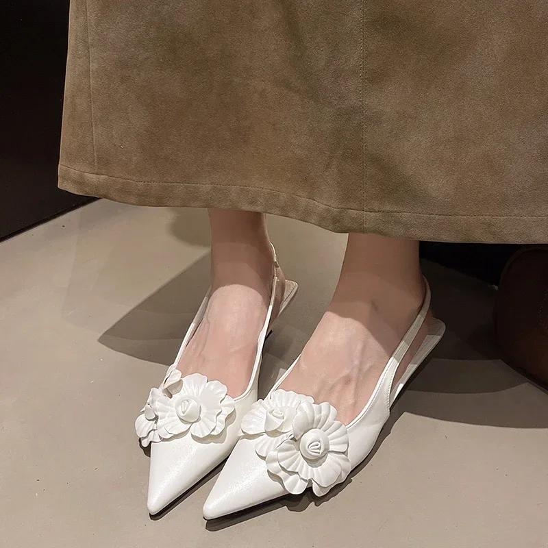 Fashion 2025Sexy Flower Pointed Toe Thin Low Heels Women Pumps Elegant Wedding Slingback Shoes Mules Zapatos De Mujer