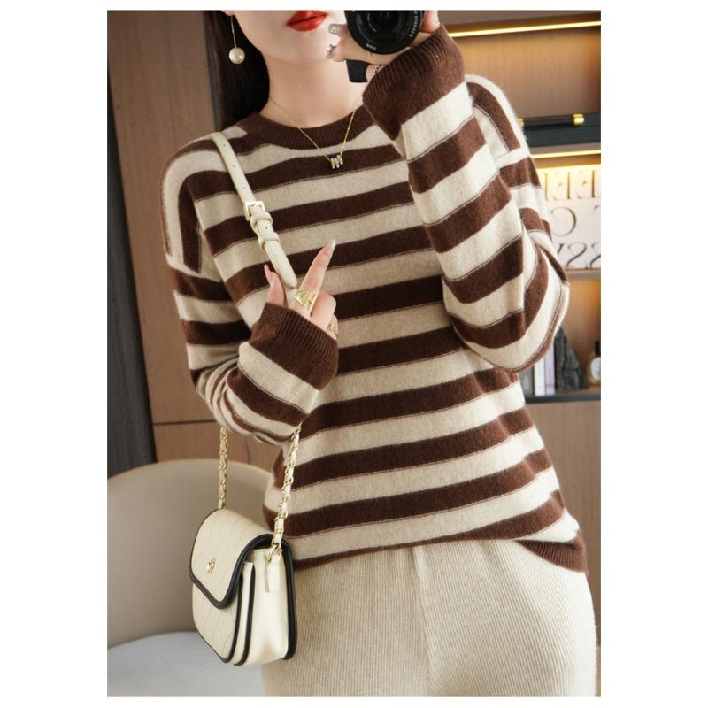

Женские осенние и зимние полосатые базовые слои, свитера, трикотаж, теплые круглые вырезы, повседневные и универсальные 2XL кофейный