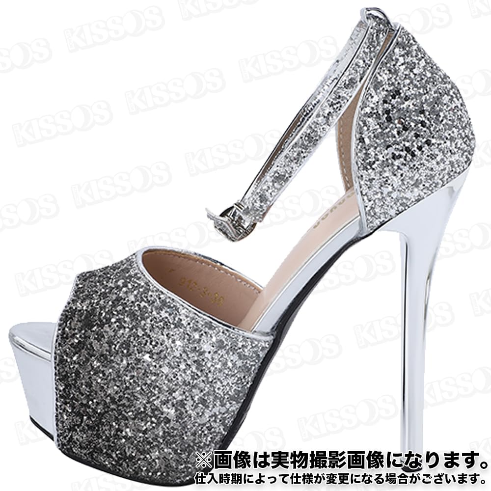 KISSOS Women's Sequined Sparkly Cabaret Heel Ankle Strap Stiletto Heel Open-Toe Sandals/Pumps (Black, Size 24.0cm (38))