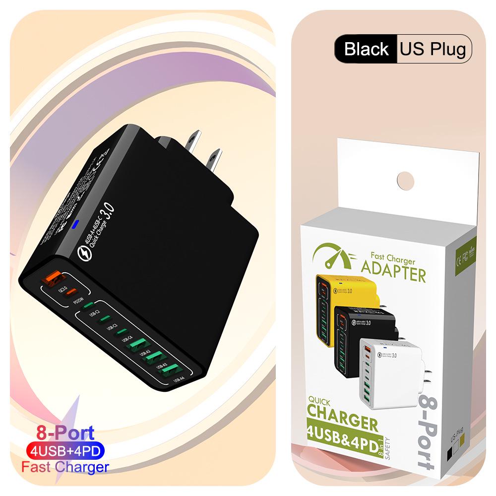 Fast 8-Port Charger: 4 USB, 4 PD, 55W, QC3.0 – Compatible with European, American, Korean Standards