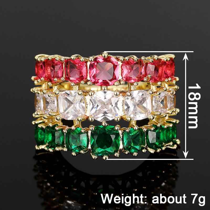 Huitan Three-layers Red/White/Green Cushion Cubic Zirconia Women Rings Luxury Gold Color Wedding Band Accessories Trendy Jewelry