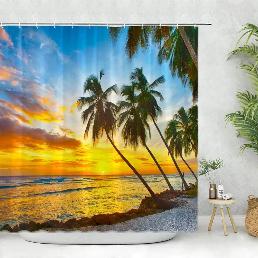 Paesaggio Marino Tenda da Bagno Doccia Tenda da Doccia Tropicale Oceano Spiaggia Foglia di Palma Lavabile Tende da Bagno Tessuto in Poliestere Decorazione per la Casa
