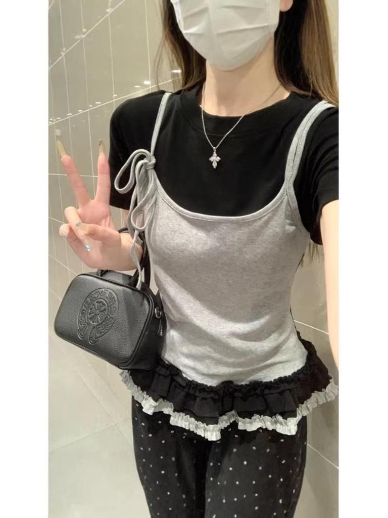 Morning Bloom Patchwork Ruffle Hem Short-Sleeve T-Shirt for Women