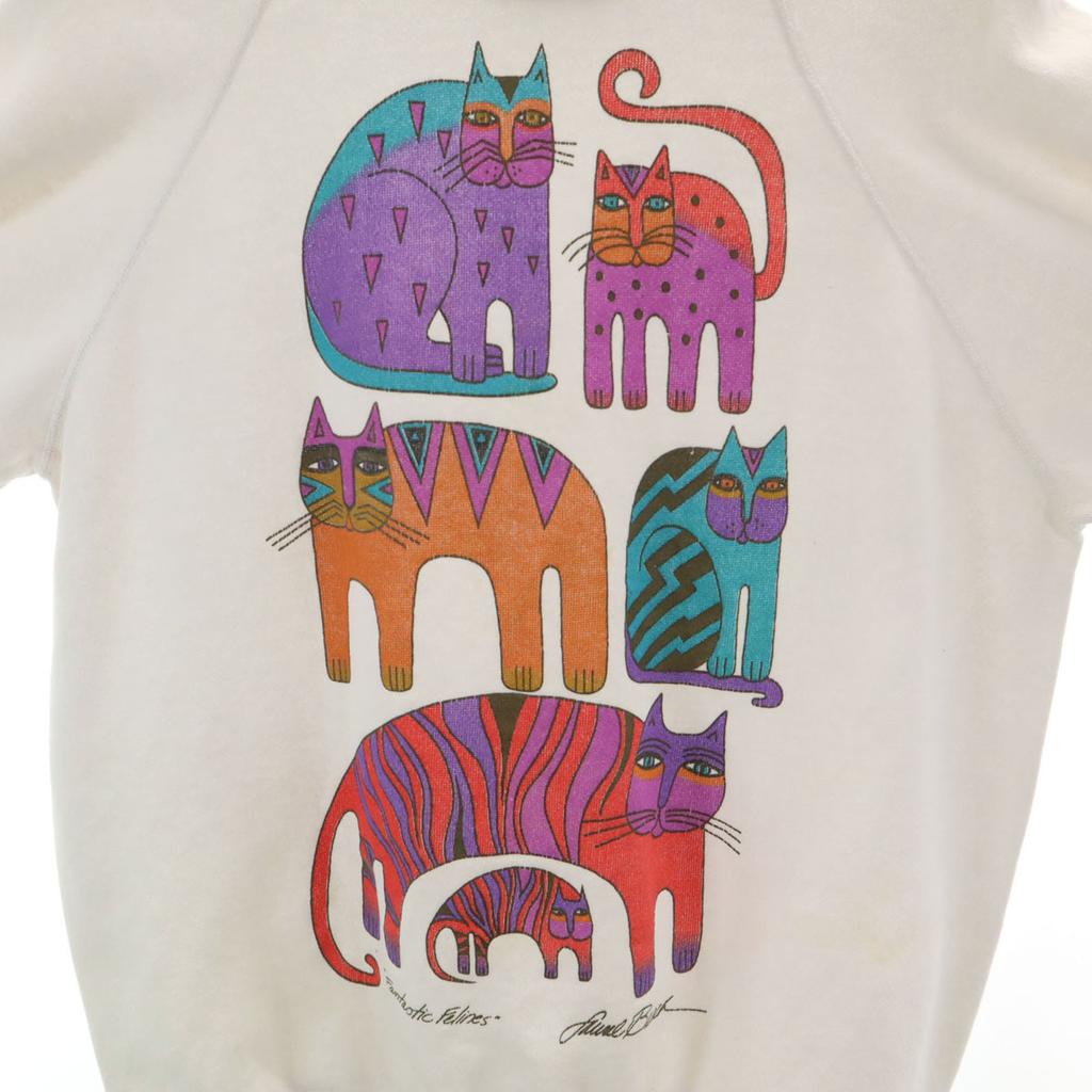 Hanes 80s 90s Old LAUREL BURCH Cat Long sleeve sweat trainer L white Cat Men's Used