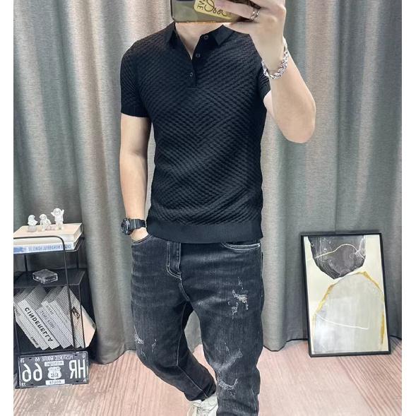 Pineapple Pattern High-Density Stretch Knit Summer Men's Solid Color Plaid Polo Short Sleeve T-Shirt