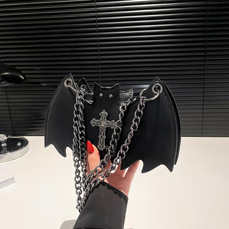 Gothic Style Bat & Skull PU Leather Shoulder Bag Vintage Solid Color Crossbody Bag with Adjustable Chain Strap for Outings, and Everyday Use
