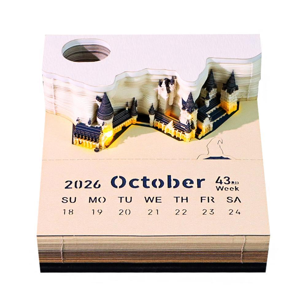 Household Office Magic Castle Weekly Calendar with LED Lights 3D Paper Craft Notepad Desktop Decoration Delicate Paper Ornament