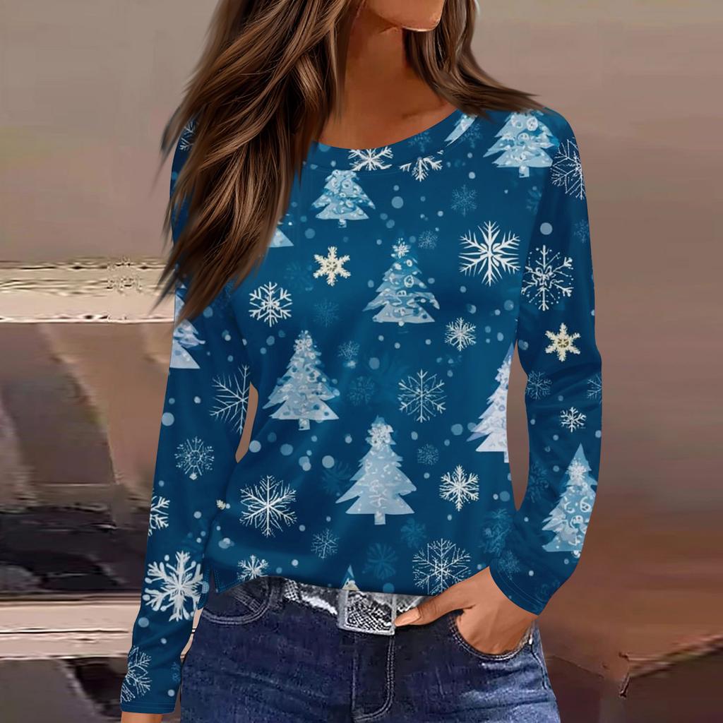 Women's Fashion Casual Slit Hem Round Neck Long Sleeve Loose Christmas Printed T-Shirt Ladies Top