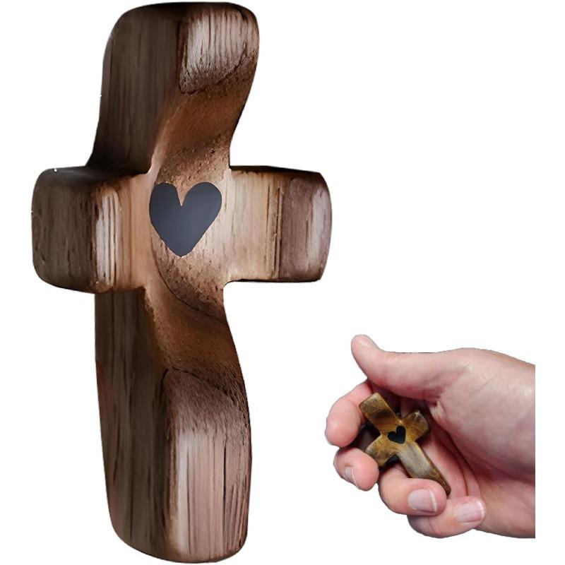 Pocket-Sized Olive Wood Cross - Heart Cutout Wooden Religious Cross for Prayer and Comfort - Encouragement Gift for Christmas