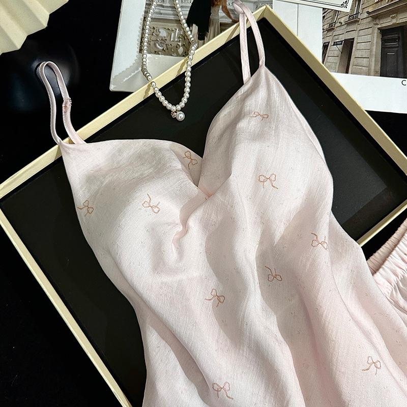 Pink Bow Suspender Ladies Lyocell Pajamas with Chest Pad Sweet Cute Summer Shorts Loungewear Comfortable