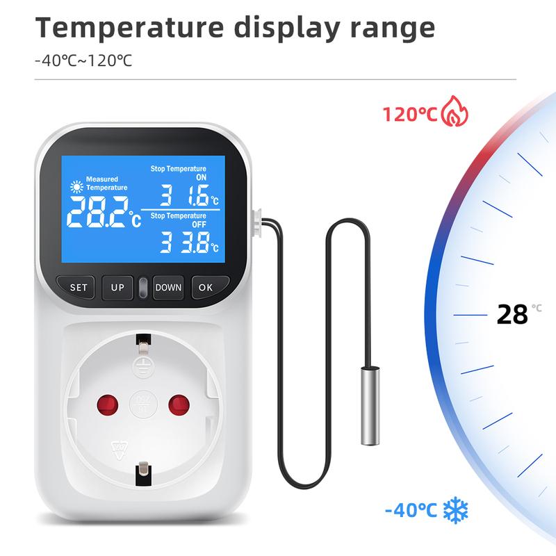 Priză pentru controler digital de temperatură Termostat cu priză UE cu senzor temporizator Sondă încălzire răcire comutator 16A iluminare din spate