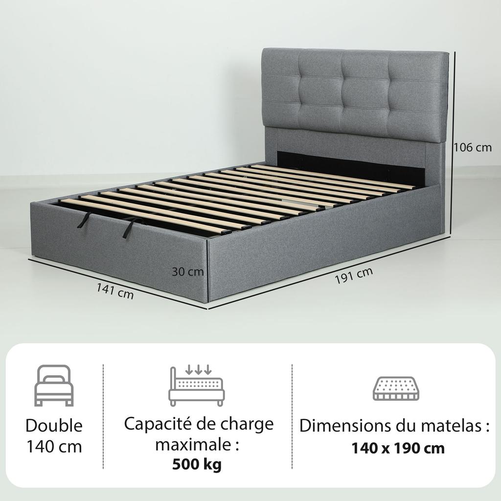 Lit coffre 140x190, Cadre de lit double rembourré avec sommier à lattes en bois et rangement caché, sans matelas, Gris