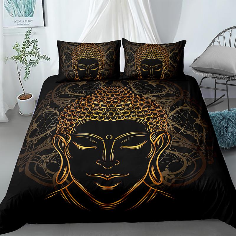King Size Buddha Duvet Cover Set Exotic Ethnic Bohemian Bedding Golden Buddha Print Microfiber Quilt Cover