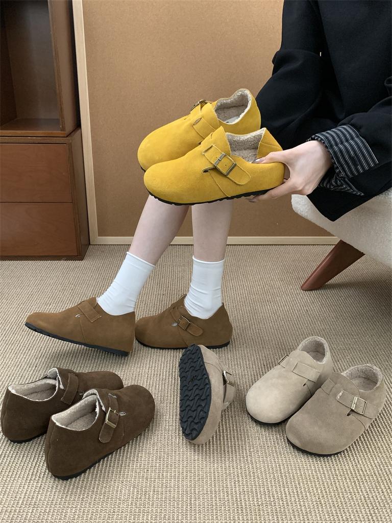5CM inner height increase for small people~ Birkenstock shoes women's thick-soled half-drag velvet autumn and winter cotton shoes new bag head cowhide