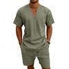Men's Linen V-Neck Short Sleeve T-Shirt and Shorts Set - Solid Color Beach Casual Wear