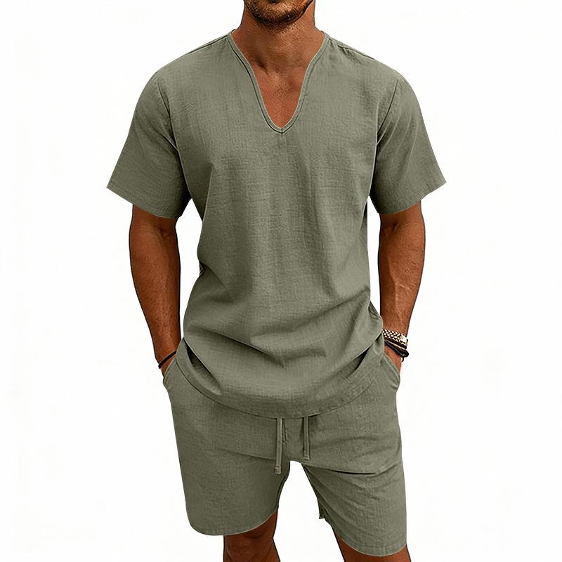 Men's Linen V-Neck Short Sleeve T-Shirt and Shorts Set - Solid Color Beach Casual Wear