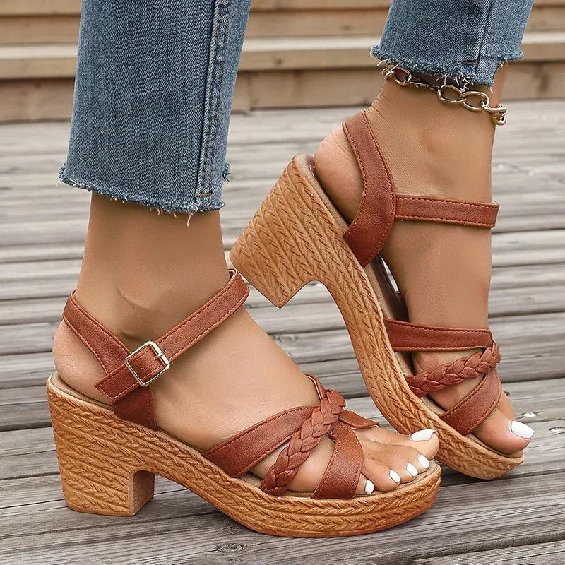 Fashion Summer High Heels Sandals Women 2025 Summer Ankle Buckle Platform Sandals Woman Pu Leather Square Heel Gladiator Sandalias Mujer