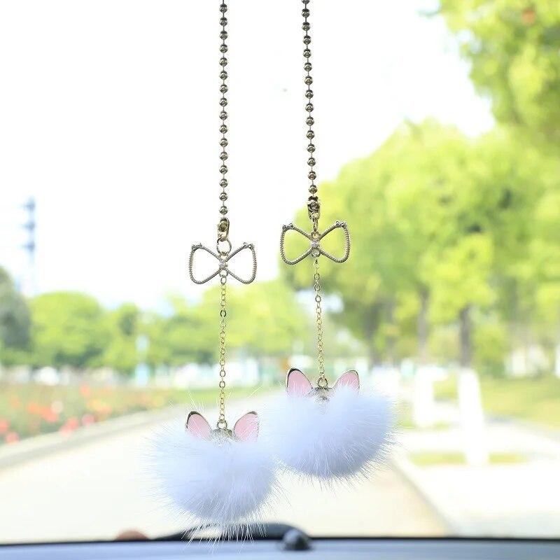 Cute Car Pendant Creative Letter Bow Cat Ears Mink Hair Ball Rearview Mirror Car Interior Pendant Ornaments Car Accessories