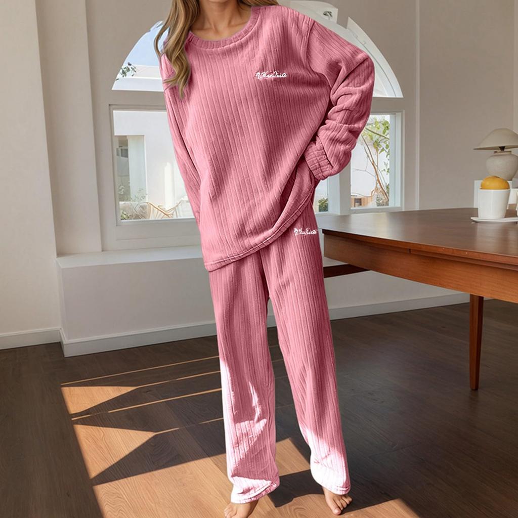 Women Set Long Sleeve Lounging Warm Fleece Sleepwear Winter High Elastic Crewneck Loungewear Sets