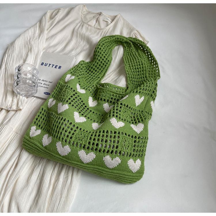 

2024 Women s Heart Cutout Knitted Tote: Large-Capacity Handbag, Beach & Shopping Bag зелёный