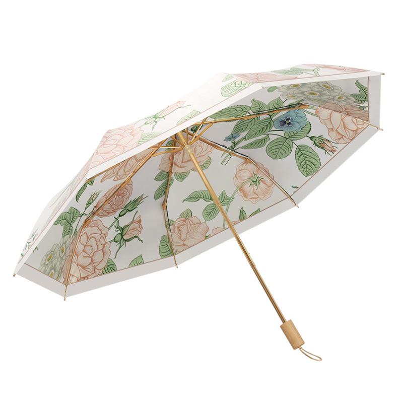 New retro flower manual umbrella, double-sided color parasol, three-fold sunscreen, sun umbrella, rain and rain, one generation