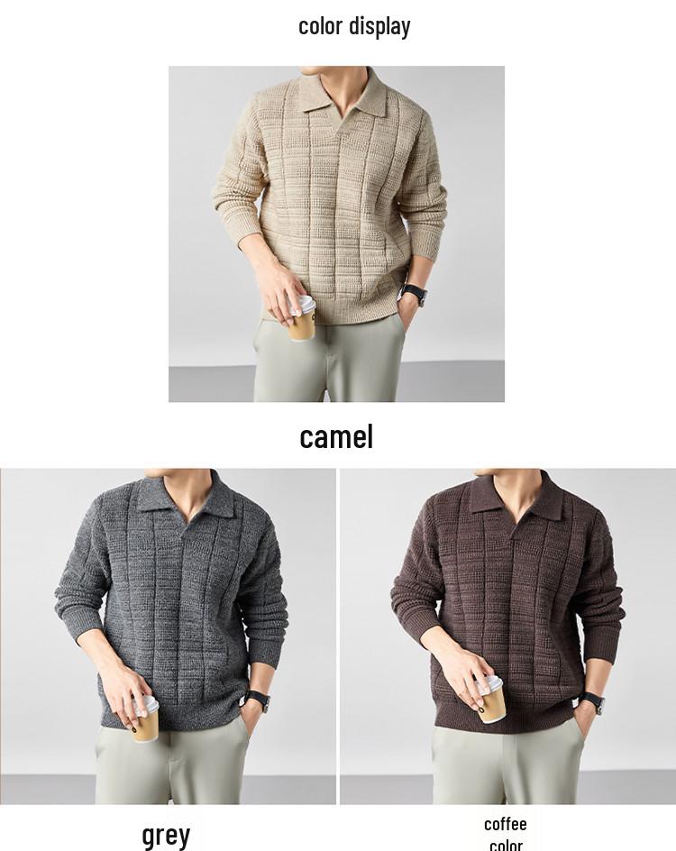 Męski modny sweter z długim rękawem i kołnierzem typu kent - Wiosna i Jesień