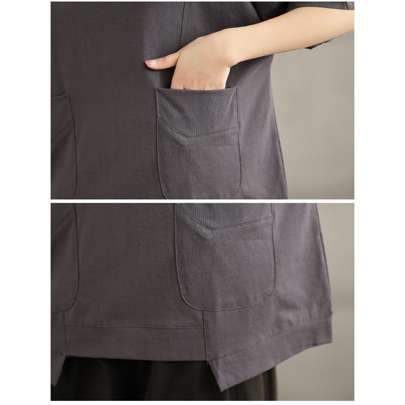 DIMANAF 2025 Summer T-Shirt Plus Size Women Casual Pockets Solid Short Sleeve Loose Tops