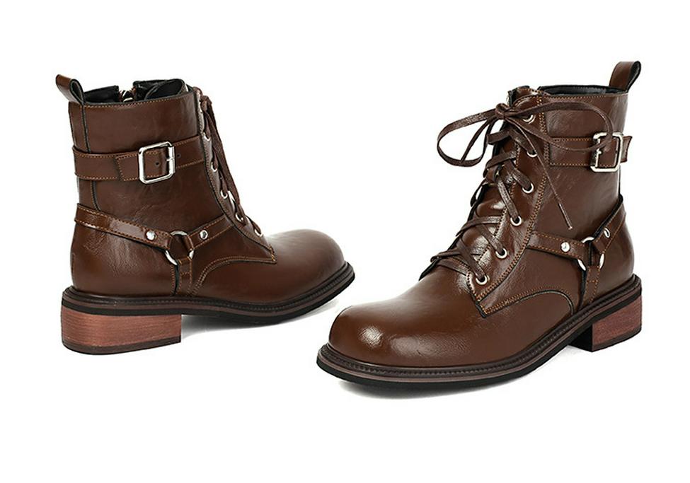 Women's Retro Thick-Sole Round-Toe Leather Knight Boots, Chunky Heel, Plus Velvet, Western Cowboy Style, Sizes 34-47