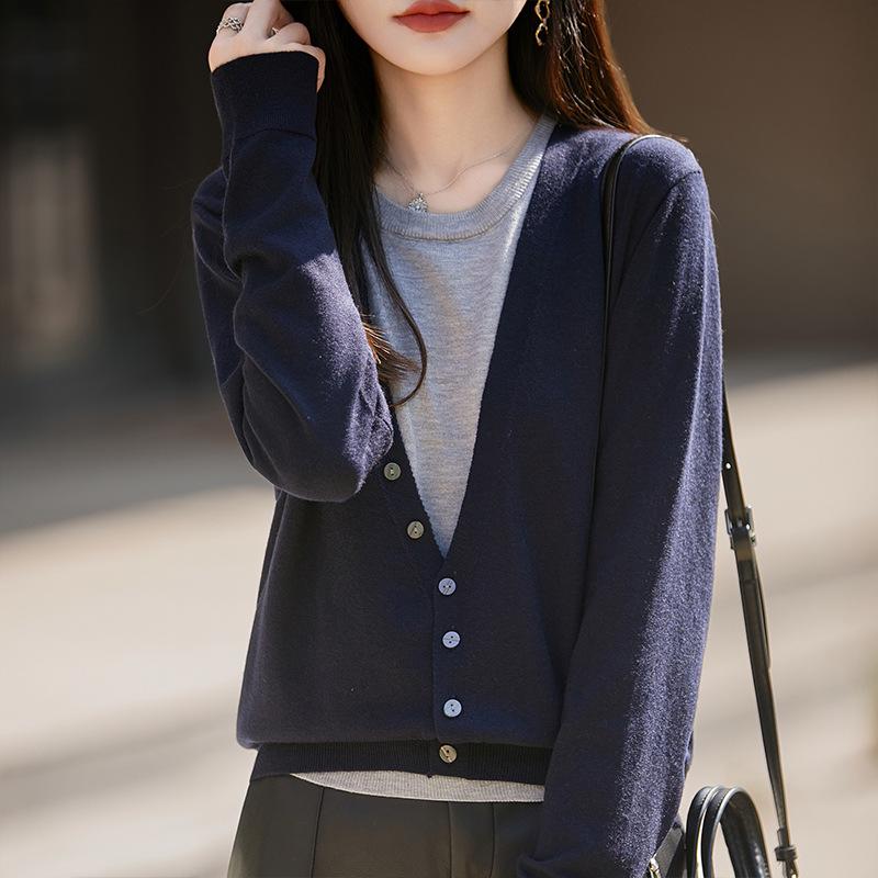 New European & American Two-Piece Wool Blend Cardigan & Base Layer Knit Set for Women - Autumn/Winter Trendy Fashion
