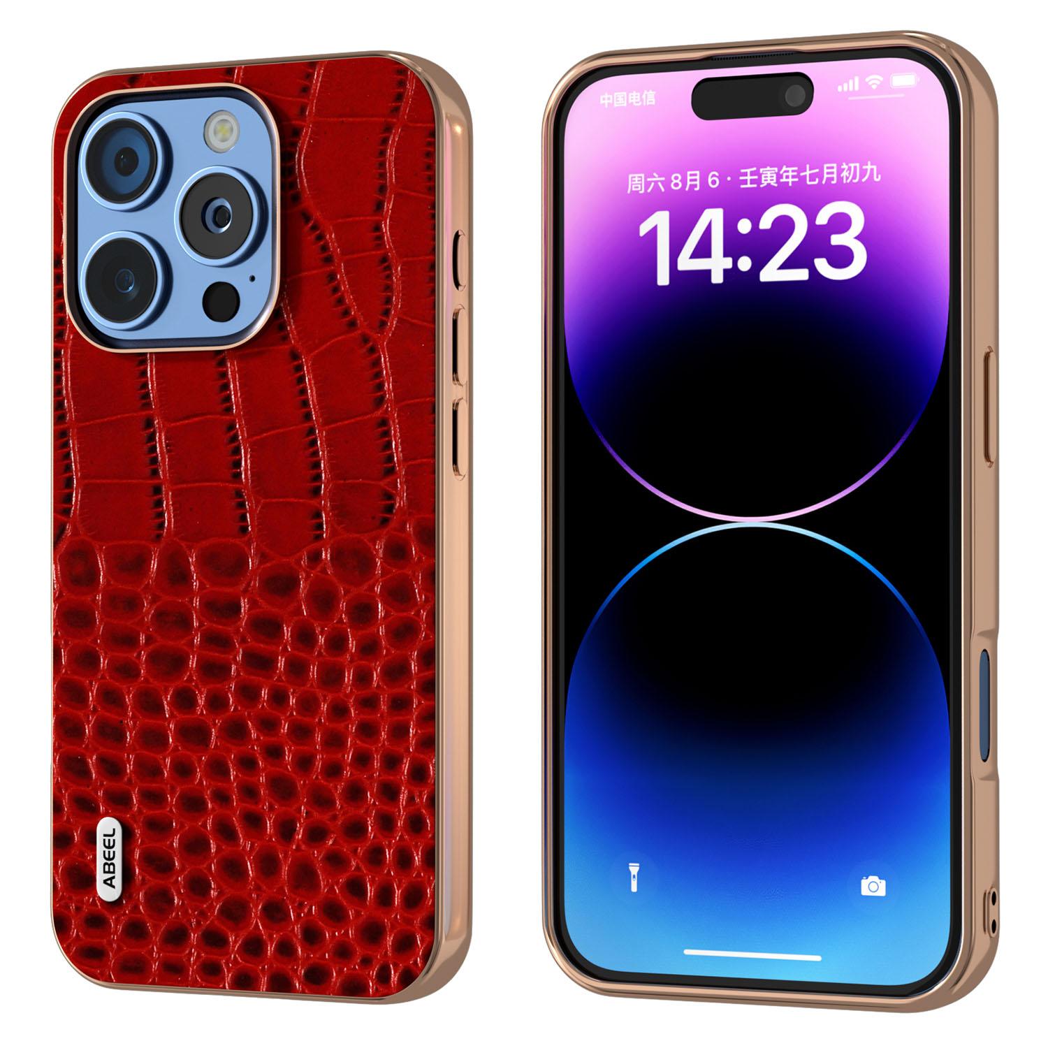 

ABEEL For iPhone 16 Pro Case Electroplating Edge Crocodile Texture Genuine Cow Leather Back Phone Cover B