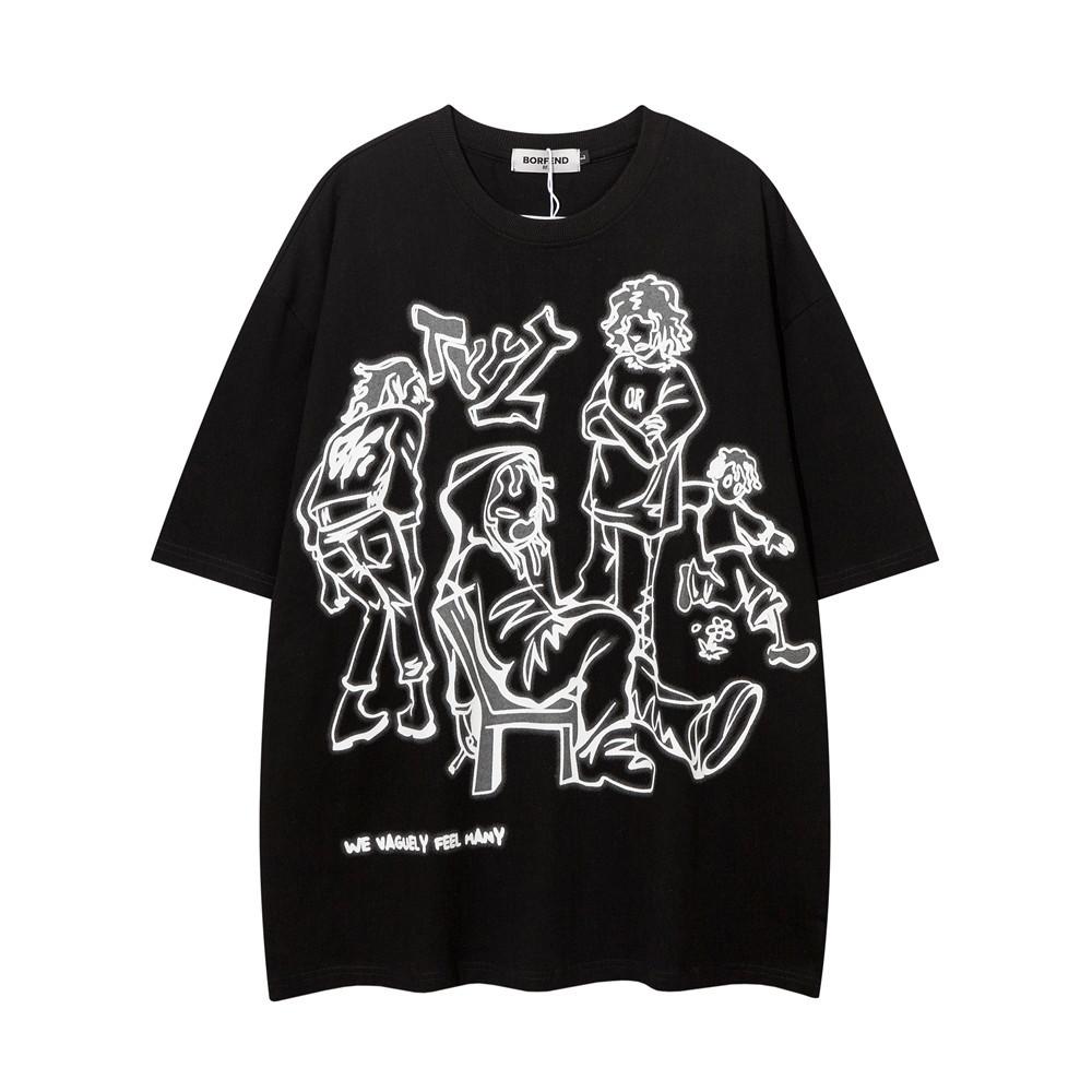 Letní Kreslený Styl Skica Tištěné Tričko s Krátkým Rukávem Pánské China-Chic Ležérní Prodyšné Tričko s Pětinovým Rukávem Bavlněné Tričko