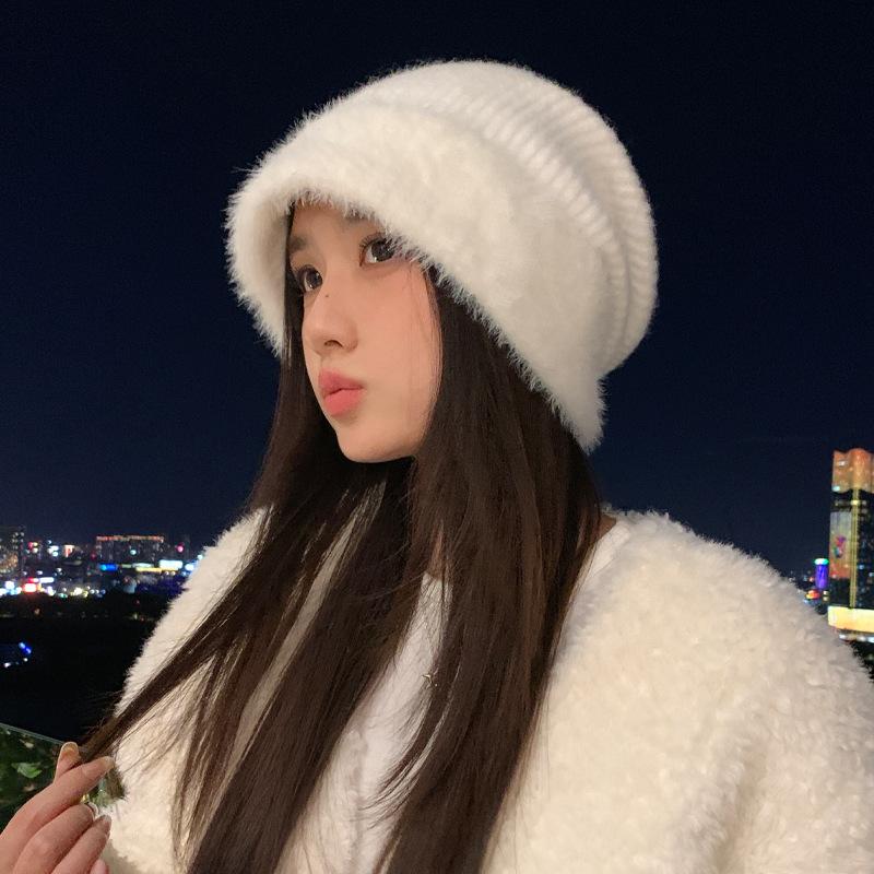 Autumn and Winter Hat Women's Wool Knitted Hat Big Head Circumference Headgear Rabbit Fur Fleece Ear Protector Warm Cold Hat