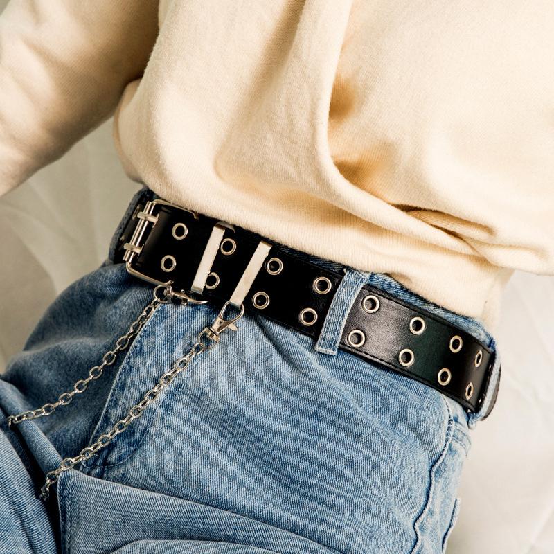 Women Belt Pu Leather Pin Buckle Punk Wind Jeans  Free Size Grommet Belts