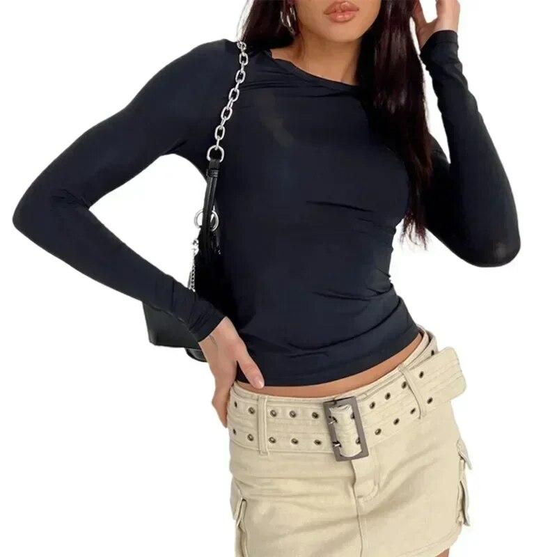 Mode Oansatz Tees Streetwear Tops Frauen Einfarbig Slim Fit Einfache T-shirts Frühling Herbst Casua Langarm T-shirts 30423