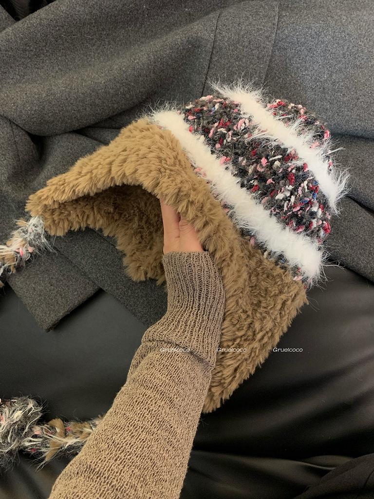 Winter Striped Splicing Knitted Wool Hat Autumn and Winter Women's Thickened Warm and Cold Ear Protector Pullover Hat