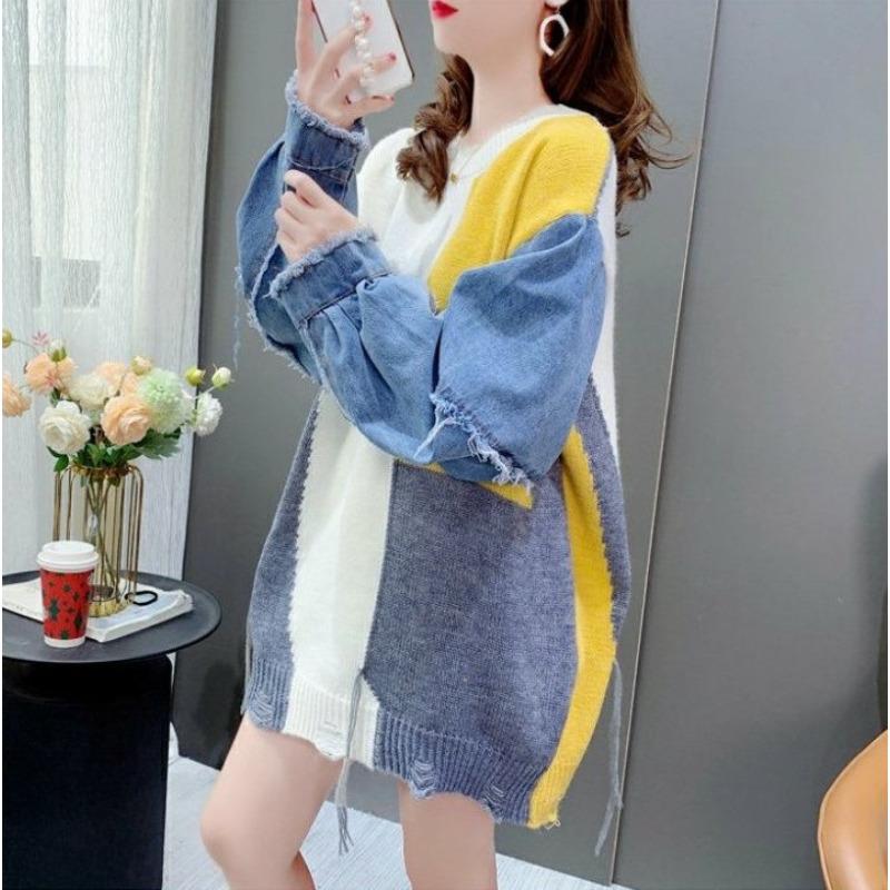 

Осень новый свободный джинсовый трикотажный пуловер свитер женский ленивый стиль мода средний и длинный топ женский One size бежевый