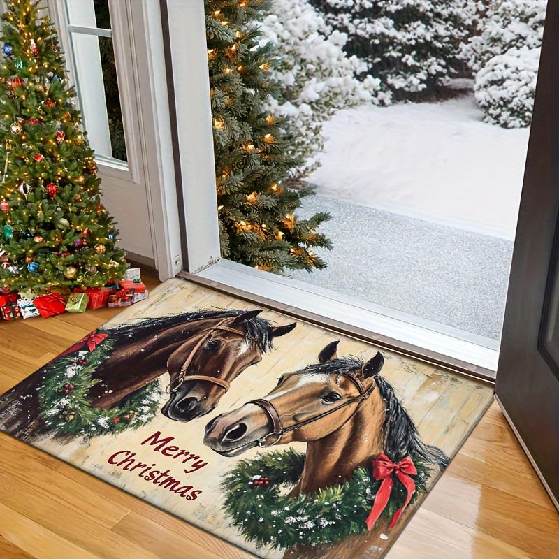 Christmas Horse Design Doormat with "Merry Christmas" Text, Thick Comfortable Floor Mat, Machine Washable for Festive Home Decor