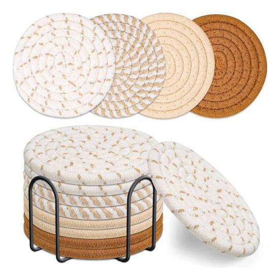 Yousheng 8Pcs Cotton Woven Coasters for Drinks, Absorbent Coasters Set with Holder, Wear-Resistant Insulating Heat-Resistant Coasters for Cups Teapots