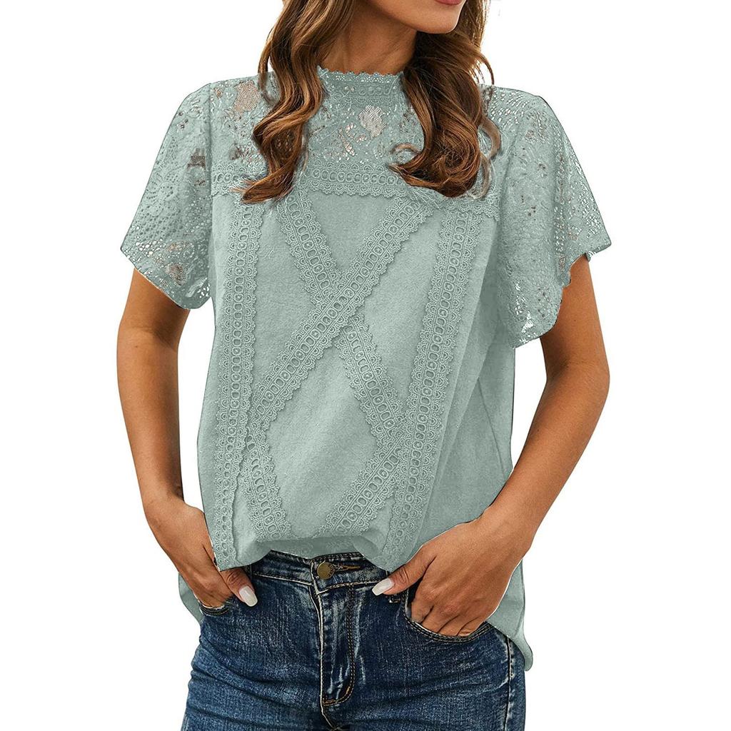 Women's Cute Lace Blouse Top Short Sleeve Lace Hollow Out Turtle Neck T Shirt