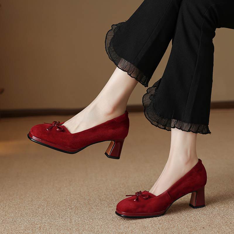 Krazing Pot Suede Round Toe Size 40 High Heels Slip On Platform Butterfly-knot Decoration Casual Autumn Shallow Pumps