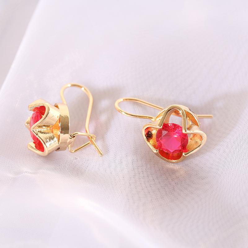 Exquisite  Yellow Gold Color Earrings Red Crystal Female Wedding Zircon Luxury Crystal Earrings for Women Flower Drop Earrings