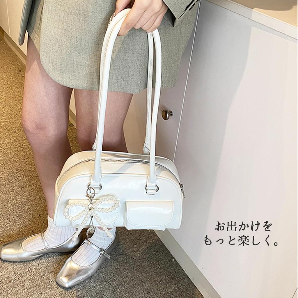 Lapimou Women's Horizontal Boston Bag, Shoulder Bag with Ribbon and Bow Design, Silver, A4 Size, Large Capacity, Popular, Trendy, Stylish, and Cute