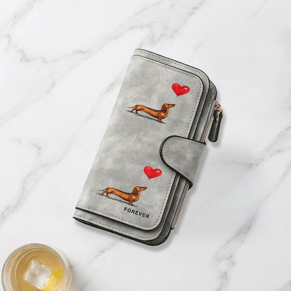 Portafoglio lungo alla moda con design stampato di bassotto e palloncino a forma di cuore, portamonete portatile multifunzionale accattivante con chiusura, grande