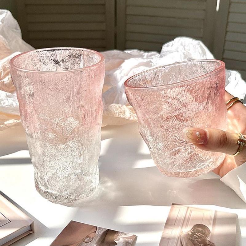 285ml/380ml Pink Beverage Cup Art Design Glacier Patterned Glass Cup Trendy Cocktail Glass Transparent Juice Tea Cold Drink Mugs