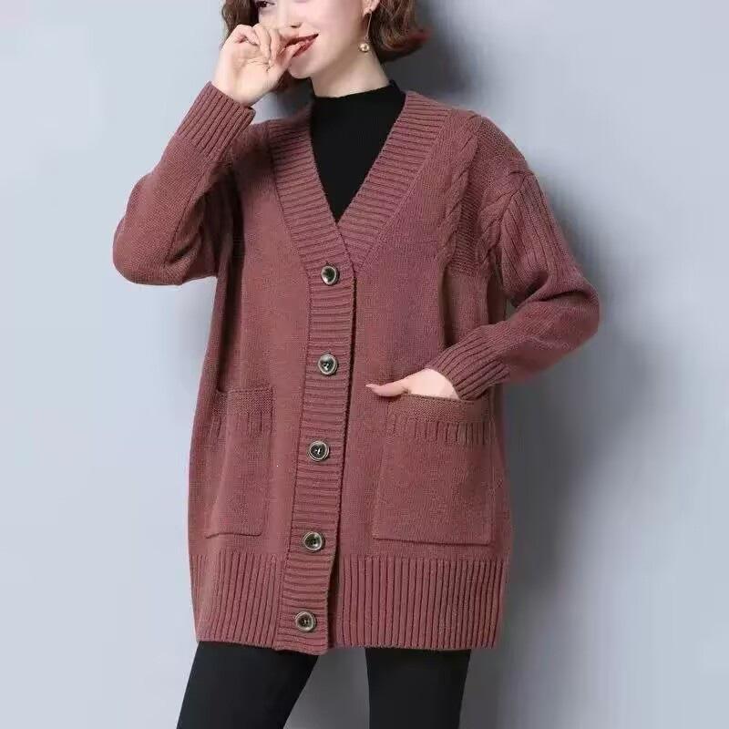 Women's Mid-Length Knitted Cardigan - Stylish Plus Size Loose Sweater for Autumn/Winter