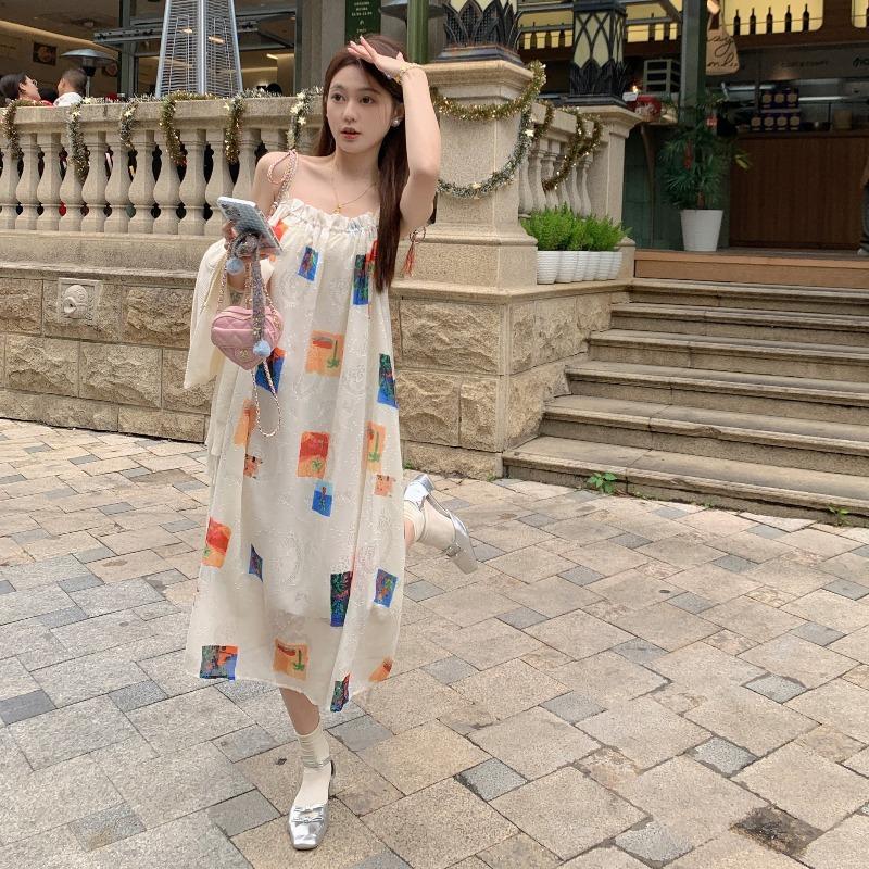 Bohemian Color Suspender Dress Women Summer Small Seaside Vacation May Day Outings Wear Long Skirt