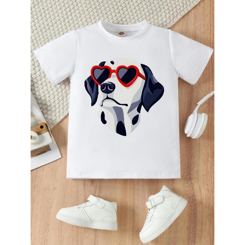European Size Girls Summer Round Neck Short Sleeved T Shirt with Cartoon Version of A Great Dane Pattern