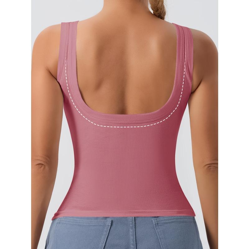 Geripptes Tanktop für Damen in U-Form mit herausnehmbaren BH-Polstern, schmale Passform, einfarbig, lässig, Tanktops innen und außen