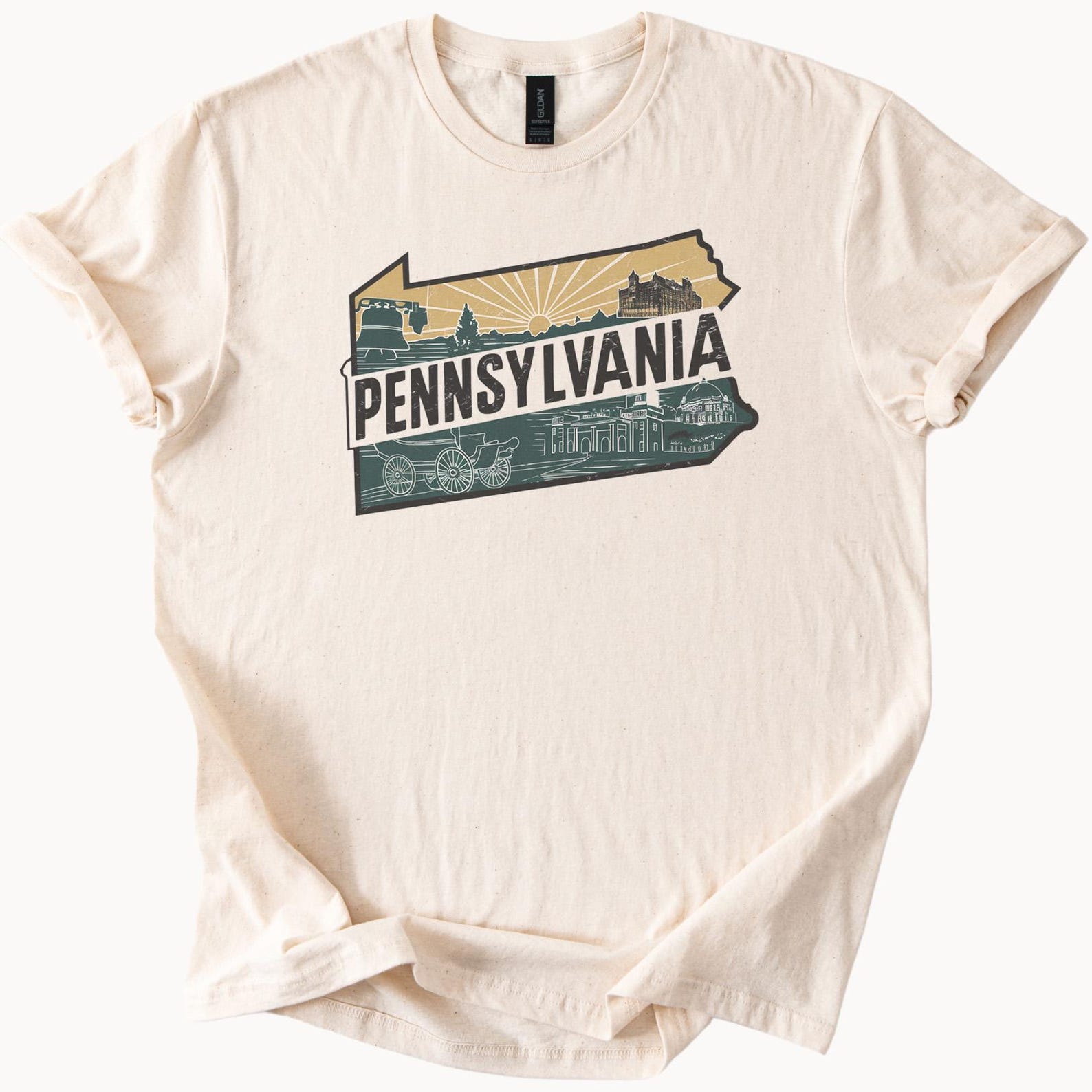 Pennsylvania State Outline Graphic T Shirt with Landmarks and Historical Icons Unique Pennsylvania Map Design Tee for Pennsylvania Lovers 150